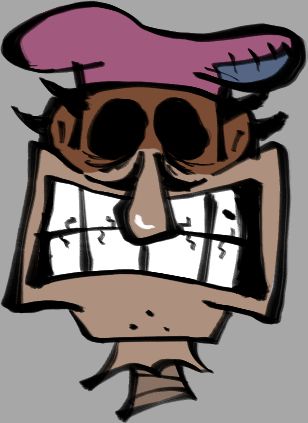A similar drawing to that on the left but of Peddito, his face grimacing wide with a hole in one tooth and the rest cracking under the pressure of how tight they're being clenched.

His hat is a more desaturated shade of pink with a blue patch on the hats right.