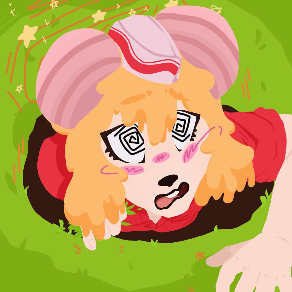 A cute mouse girl with cheesy hair and a pizza hut style uniform peers out of a hole she fell into, dizzy and embarrassed.