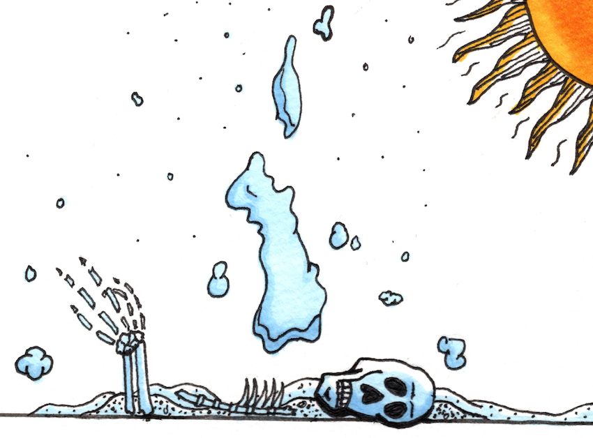 Illustration of skeleton crumbling to dust underneath a warm sun. 