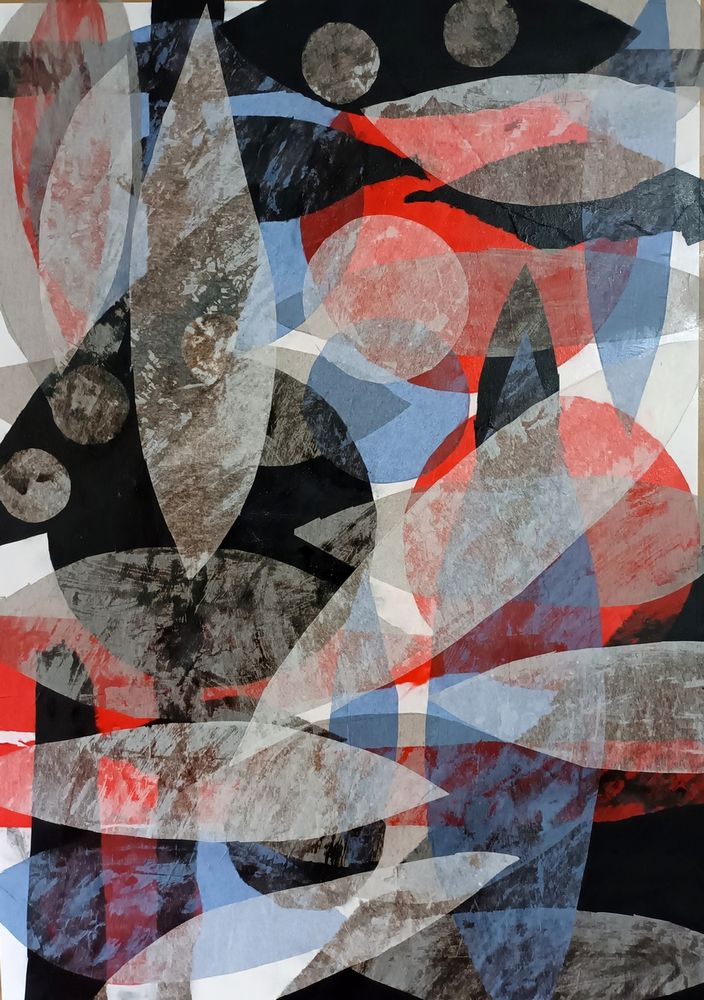 a rectangle piece of white paper is covered in collaged papers that have been cut in red and black strips to represent the history of pain whaling has left behind in the oceans. On top are round shapes in blue, white, red, grey and black, which represent a number of things: spots on Orca whales, suns, moons and bubbles of air. There are many shapes in black, red, white, blue and grey cut to resemble the outline of whales - there are two mothers with their calves. The white whales represent the ghosts of vanished whales.