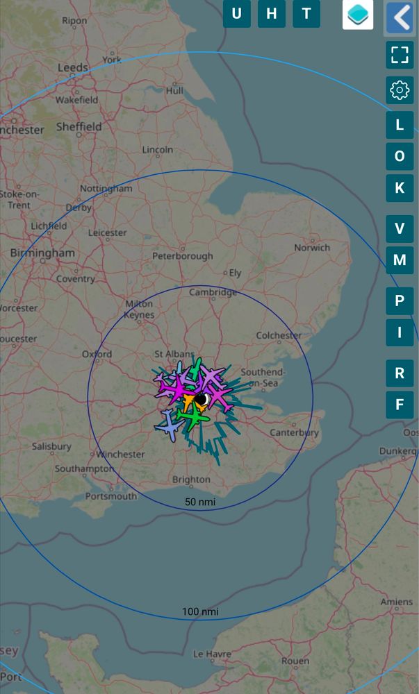 Screenshot of planes on a map over london, tracked by Ads-b