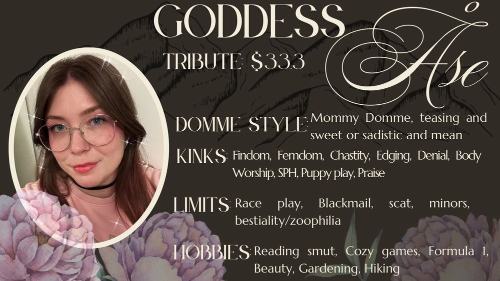Goddess Åse’s Elite Member Card, listing her Domme style, kinks, limits, hobbies and her Tribute amount. 