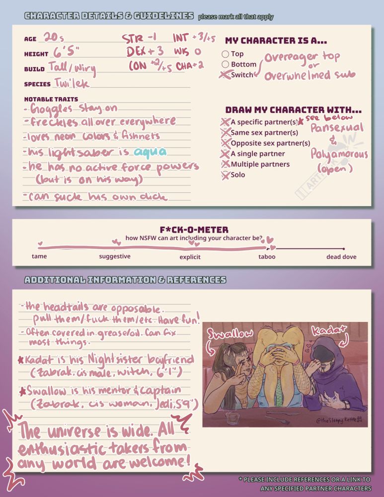 Second page of a character sheet for artfuck.