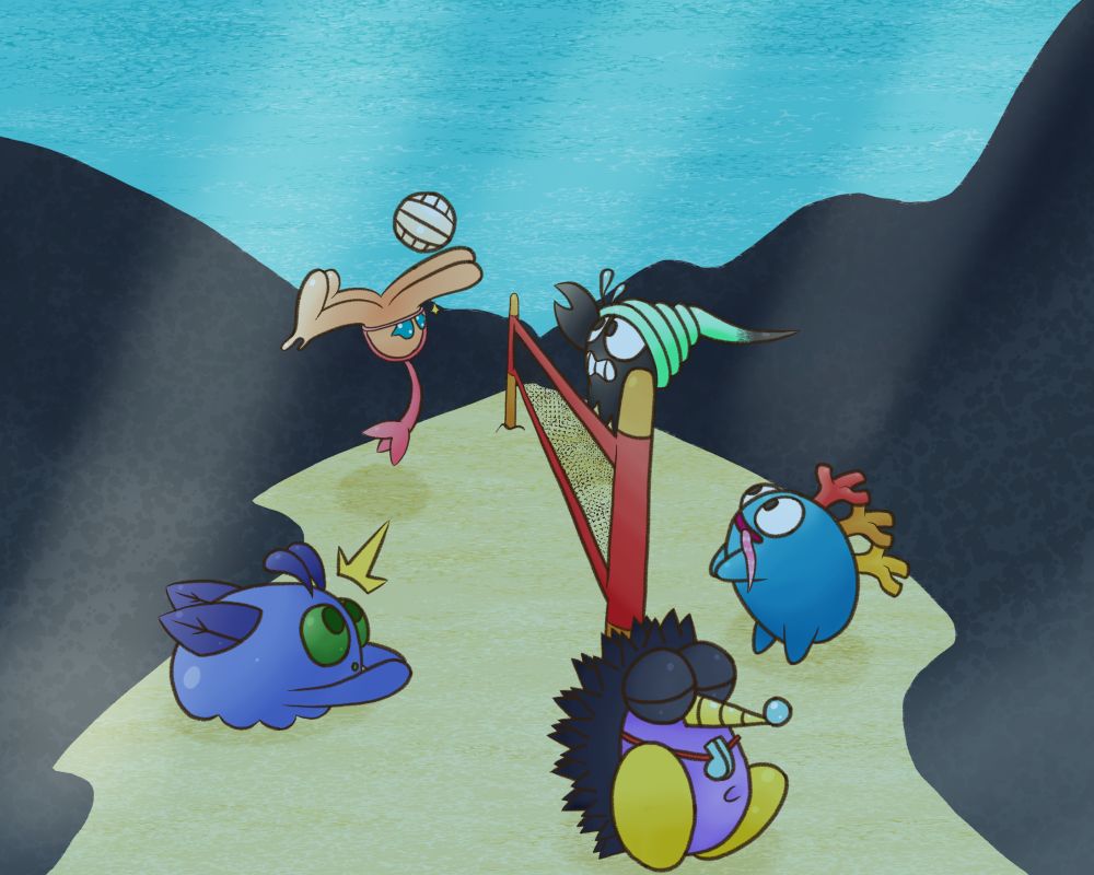 Noctune, Winemone, Scorpit, and Polyp (OC's belonging to Aphid-Kirby, ThatTugboat, Linkandorf, and LordRaptorJesus respectively) playing a game of volley ball underwater as Lurchin, my OC, slacks off