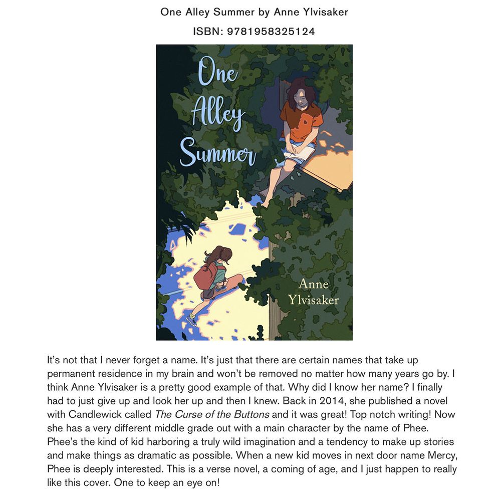 Snapshot of School library Journal's article about One Alley Summer, a middle grade novel written by Anne Yilvisaker. The book cover shows a young girl aged around 10-12 dressed on red t-shirt and blue shorts, perching up high on a tree, holding her journal on her lap. She is half hidden by the leaves and the shades. Below her, in the bright sunshine, another girl rolling from left to right on her skateboards.