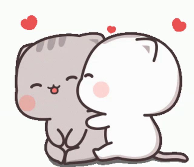 a cartoon of two cats hugging each other with hearts floating above them