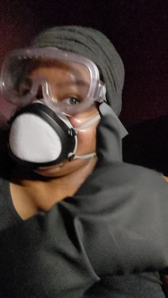 Me geared up in a flo mask, googles, and gloves