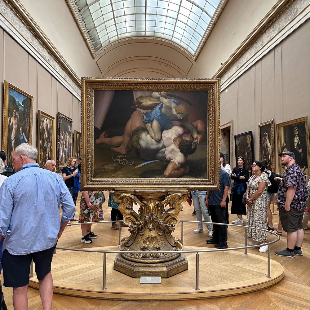 David and Goliath (recto) by Daniele de Volterra at the Louvre (a painting of David kneeling on a prone Goliath with his sword ready to kill him). There is another painting with a different pose on the opposite side and the pedestal can be rotated to make an action scene 