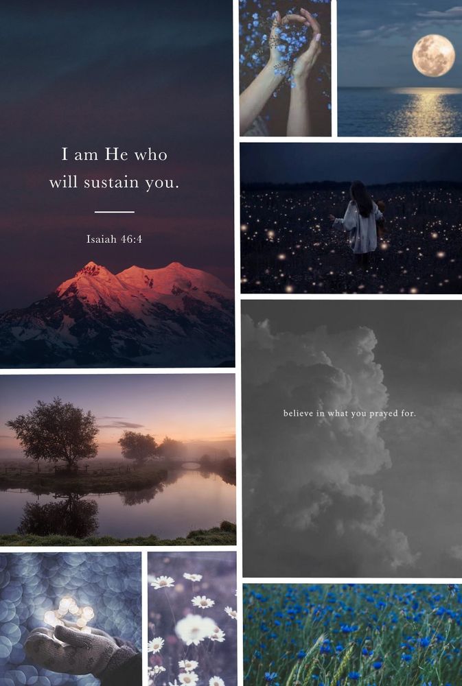Digital mood board. Images of mountains, a fields, lakes, and a human figure surrounded by flowers and fireflies. Text on the board reads Believe in what you prayed for.