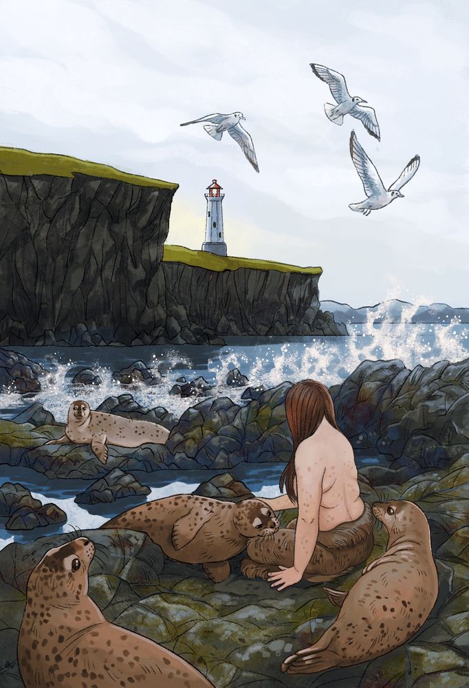 Illustration digitally painted picturing a woman with seals around her. They’re sitting on the rocky shore. Selkies face is not visible to the viewer. In the background is a lighthouse on a scarp. It’s daytime, and the sky is light grey.