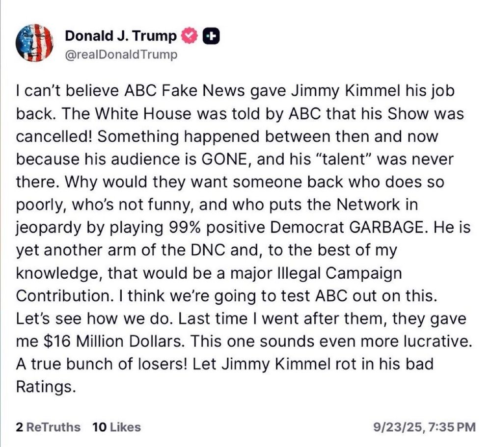 Tweet by Dumb Donald admitting the White House pressured ABC to fire Jimmy Kimmel 