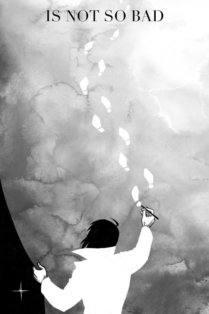 "...is not so bad".
A giant curtain on which Han Sooyoung is drawing out white footsteps, holding onto it with her free hand. Behind that curtain is a black sky with a single white star.