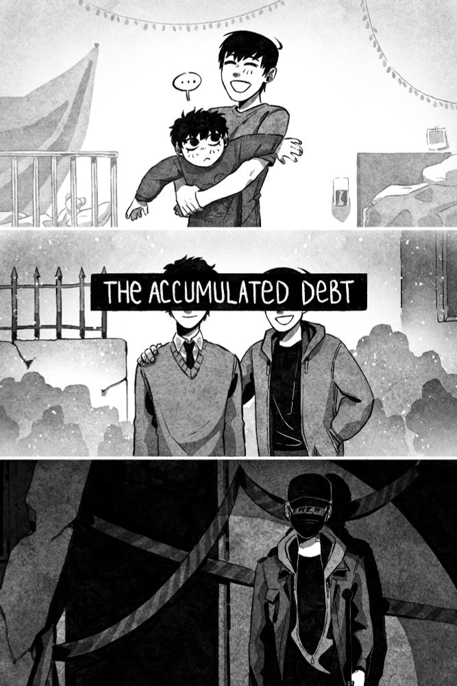 "The accumulated debt".
Three shots in chronological order.
First is little Yoohyun hanging in Yoojin's embrace with Yoojin smiling wide. 
Second is them but older - now same height, standing outside, as if posing for a photo. They are both smiling, but their eyes are hidden behind the text, as if censored.
Third is Yoojin alone, pre-regression, in the dark in some half destroyed building, probably near a dungeon.
