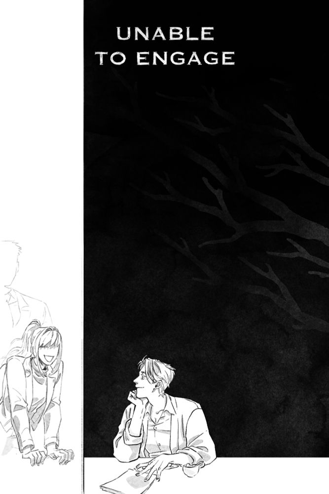 "Unable to engage"
Same art as before, but now from the left a fully white frame slides in. In it is a happy looking Kang Soyoung leaning on the table, seemingly talking about something. Behind her is a barely visible shape of Sing Taewon.