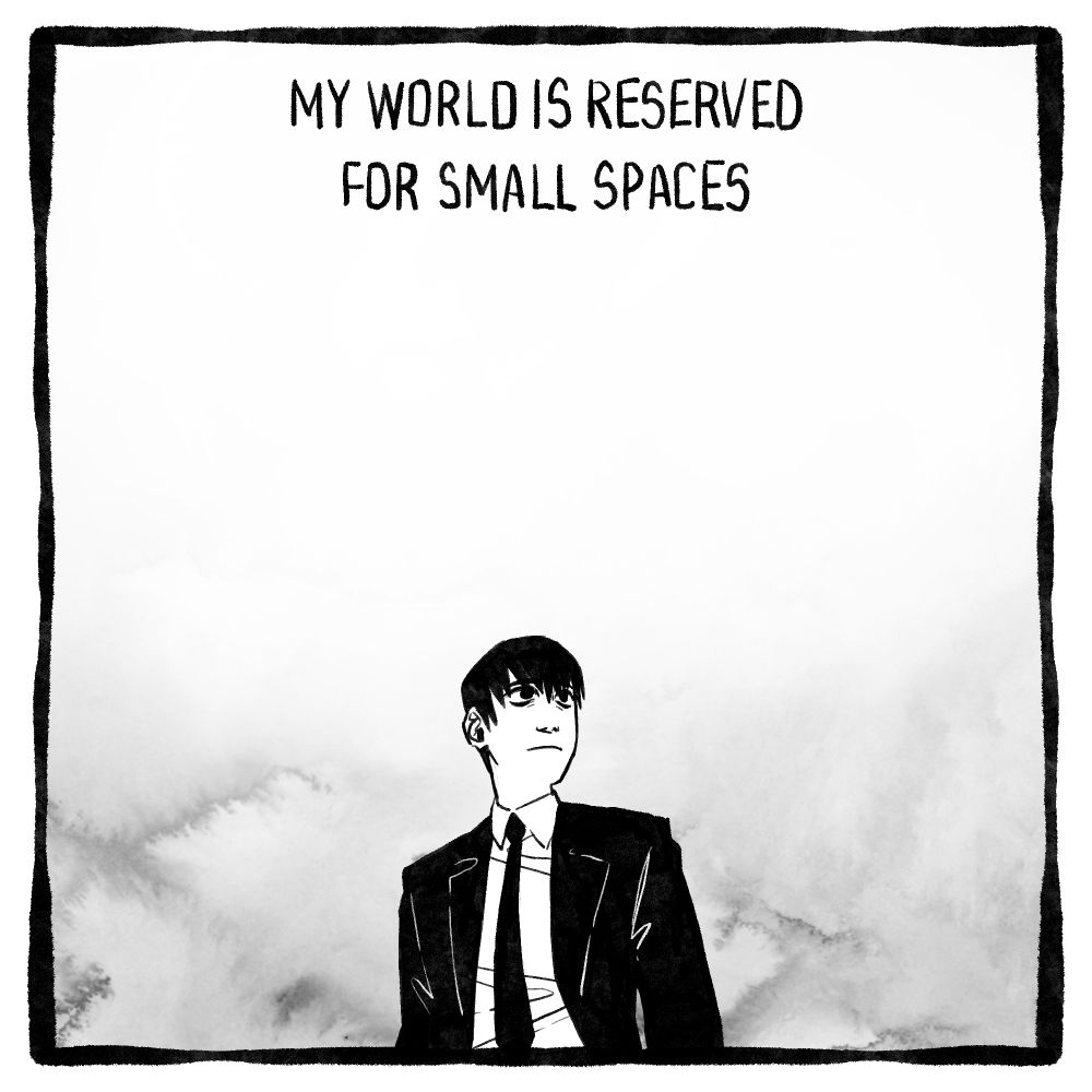 A series of square black and white fanarts for Omniscient reader's viewpoint, each with text on it, that together make up a single monologue.
"My worl is reserved for small spaces".
A largely empty frame with only Kim Dokja sitting in its lower half in his office suit. He seems calm.