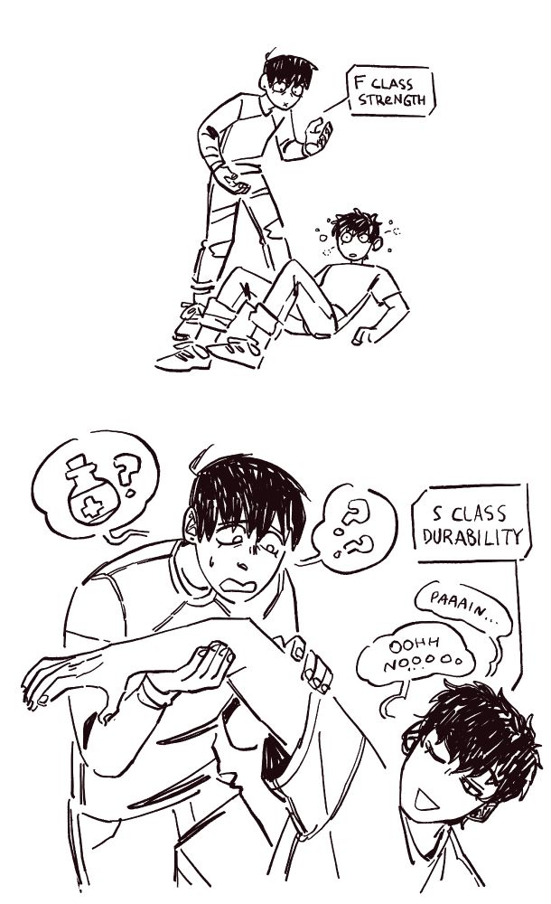 As expected, Yoojin with his F class strength drops Han Yoohyun immediately. He grabs Yoohyun's ahnd immediately, asking if he should get a health potion. Yoohyun with his S class durability is of course unharmed, yet still pretends to whine, pleased to get his share of attention.