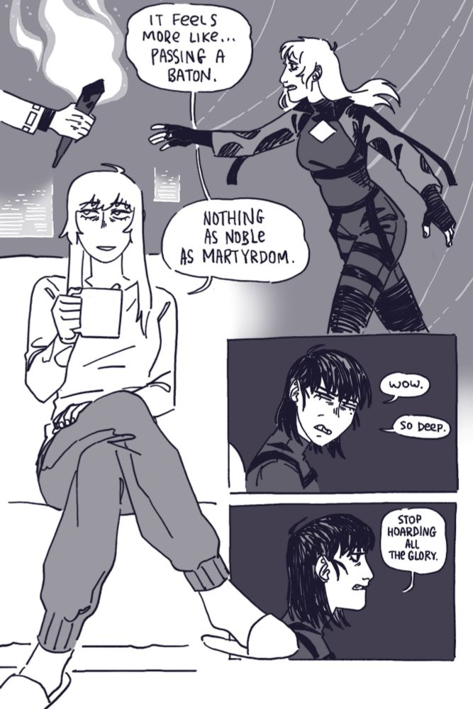 She keeps going, as if unaffected by her own words: "It feels more like... Passing a baton. Nothing as noble as martyrdom". In the background there's her, bound by puppeteer's threads, reaching out to take a torch out of Kim Dokja's hand. Han Sooyoung is entirely unempressed: "Wow. So deep". She turns away again: "Stop hoarding all the glory".