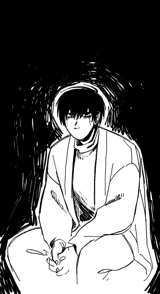 A black and white drawing of the same guy, now looking gloomy and ominous, sitting hunched forward with hands clasped together. He seemed to have been crying. His face lacks mouth, making an expression difficult to pinpoint.