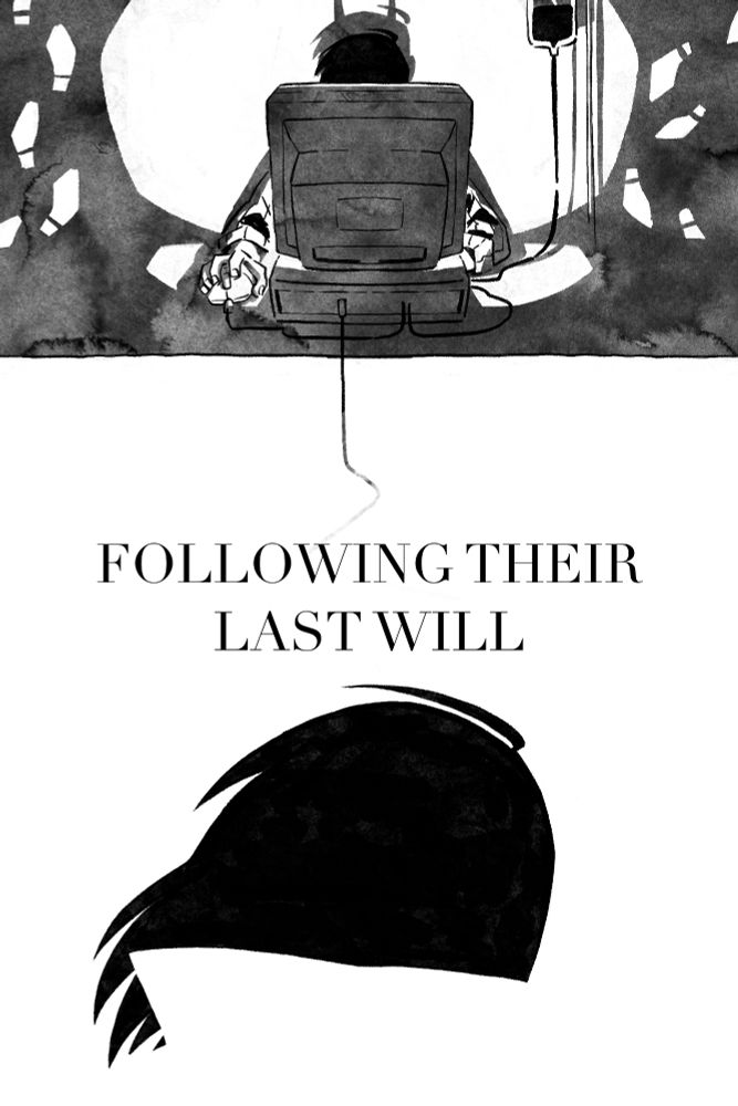 "Following their last will...".
A shot from behind Han Sooyoung, showing what she is looking at. It's an old pc, its light illuminating the wall and the person in front of it. Nothing but their hands - one on the mouse and the other connected to an IV drop - is visible, yet their shadow on the wall has familiar horns. Food steps surround the light on the wall, as if circling around, never too close.