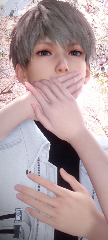 Screenshot from Love and deepspace. Xavier is under cherry bloossoms, stopped mid-sentence by main character, who is clasping his mouth shut with both her hands.