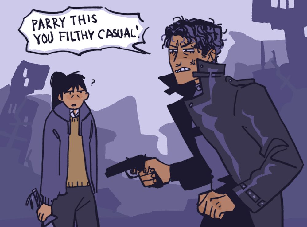 A redraw of a meme of a knight with a gun saying "Parry this you filthy casual!", but it's Yoo Joonghyuk with a gun. Behind him is a very confused Lee Jihye.