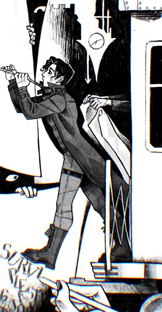 A black and white digital fanart for Omniscient reader's viewpoint. Yoo Joonghyuk is stepping out of the back door of a train car, about to fall down. He does not look concerned, holding with both hands onto a noose on his neck, looking longing in the direction it tugs him towards. Under his feet there are letters forming "Please survive" written out by a giant off-canvas hand, presumably Han Sooyoung's. From inside the train car, behind Yoo Joonghyuk p's back two hands emerge holding a white coat, as if trying to put it on Yoo Joonghyuk.
The white background behind Yoo Joonghyuk is made out of several overlapping pages, from beyond which someone is peeking, watching Yoo Joonghyuk. Above his head and the train car there is a silhouette of a half-built clock tower from the Demon Realm.