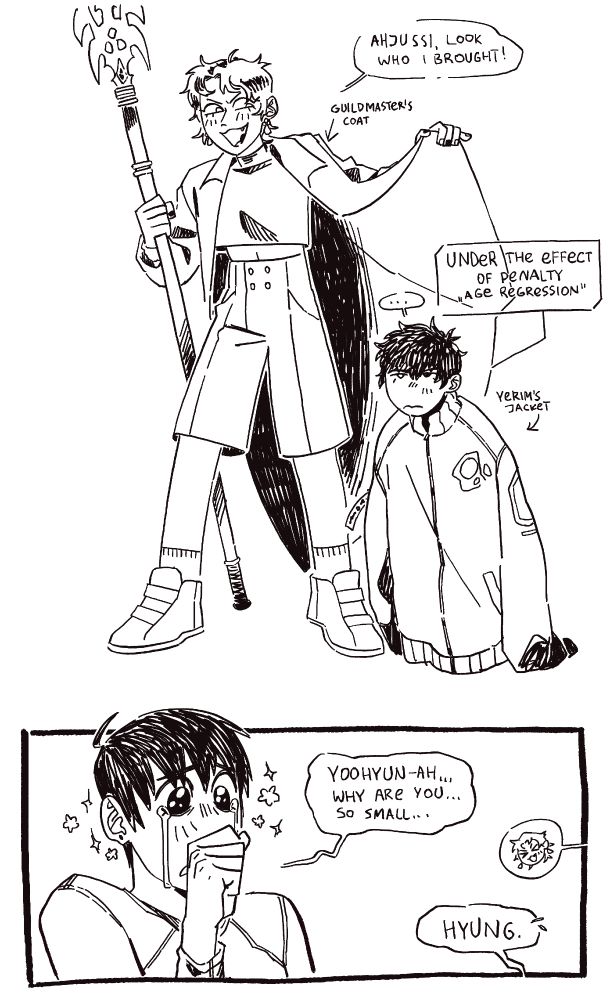 A simple fancomic for S classes that i raised. Bak Yerim, wearing Han Yoohyun's coat, is revealing the person who was presumably hiding under it - very young-looking Han Yoohyun under some sort of age penalty, fully hidden in Yerim's jacket. He is looking unimpressed, unlike Han Yoojin.
Yerim: Ahjussi, look who i brought!
Yoojin: Yoohyun-ah... Why are you... So small...
Yoohyun: Hyung.
