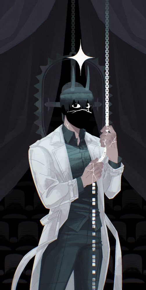 A digital fanart for Omniscient reader's viewpoint. Kim Dokja is standing on a theatre scene with his back to the rows of empty seats. It is done in dull dark teals and washed out cold reds. Kim Dokja's face is hidden by a heavy shadow with only his eyes and the crack running across it visible. He is holding onto a chain with crumbling hands, and the chain transformes into censored text blocks under his touch. That same chain runs up beyond the edge of the art and then comes down again, but behind Kim Dokja's back. A huge bear trap hangs on it with the centre of its maw right behind his head. The bear trap's central mechanism looks like a cross behind Kim Dokja's head.