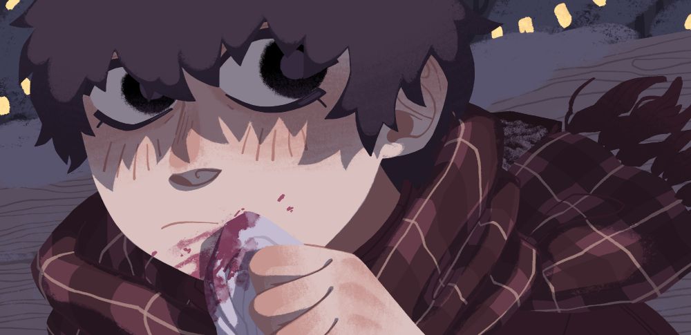 A close up on Yoohyun's face, his big round eyes following Yoojin, looking alive despite the shadow cast by his bangs. Behind him, warm Christmas lights are glowing on the snowy bushes.