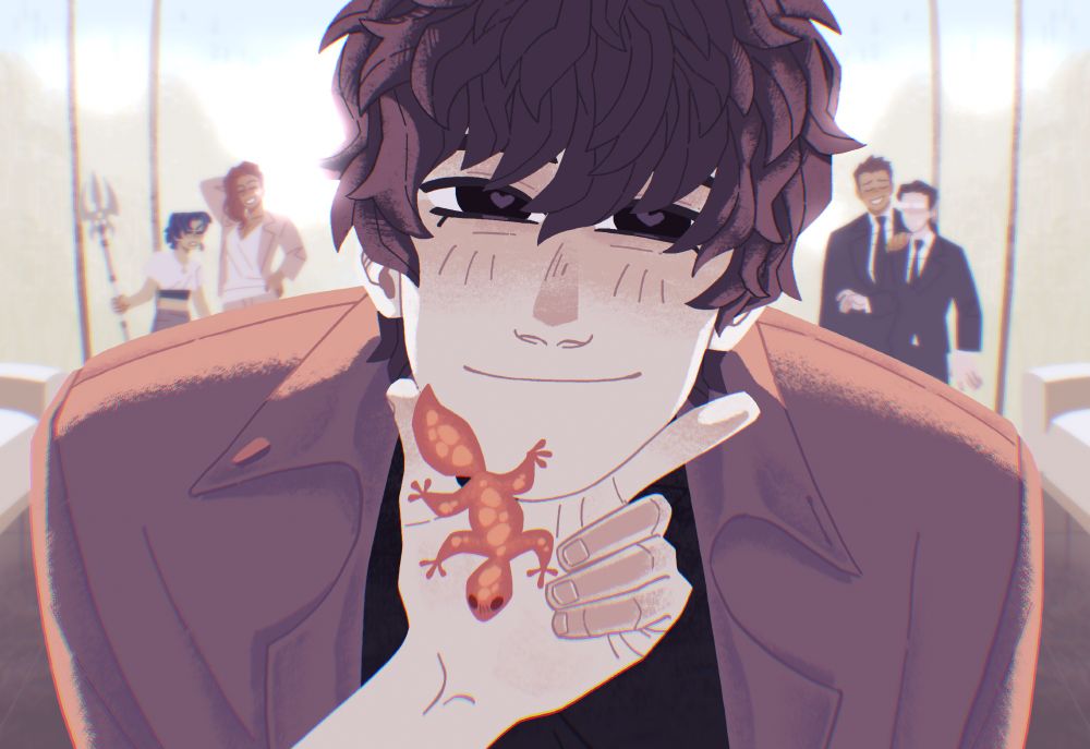 A digital fanart for S classes that i raised. It's a warm and calm piece. Han Yoohyun is standing in front of the viewer, who implied to be Yoojin, with his face sitting between Yoojin's thumb and pointer finger. He is smiling brightly at Yoojin with little hearts in his eyes. Irin is running off his face and onto Yoojin's hand.
Behind him is a Haeyeon guild lobby. On the left Yerim and Moon Hyuna are chatting, with Yerim looking annoyed and Moon Hyuna - amused. On the right there are Kim Sunghan seemingly comforting shocked Seok Simyeong.