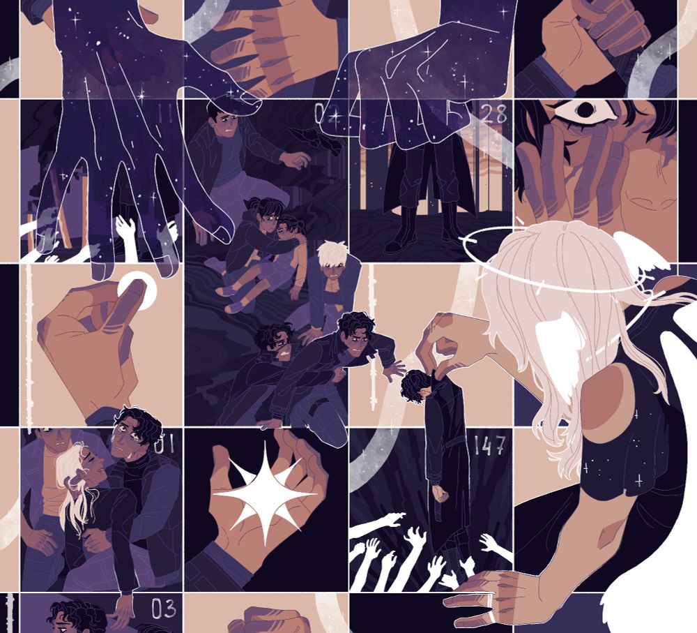 Digital fanart of Omniscient reader's viewpoint laid out like a board of tabletop game Snake and ladders. Multiple out of order squares depict either various stages of Yoo Joonghyuk's regressions or important symbols such as a star in a palm, coins, a hilt of a sword, a hand clutching chest. In a several merged squares several companions are shown to be stressed out, Yoo Joonghyk in an eye patch is trying to hold onto yet another Yoo Joonghyuk, who in turn is crawling out of the board. He seems to be trying to get to another version of himself, the version that is being lifted out of another square by Uriel. From the top of the board giat semi-transluscent hands seems to be preparing to close the board down and finish the game.