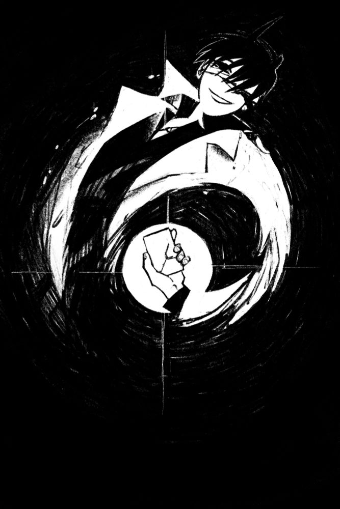 A black and white pencil-like fanart for Omniscient reader's viewpoint. It's Kim Dokja on a black background, his figure warping in a spiral. He is smiling, and yet teardrops follow his motion. At the center of the spiral is his hand holding a broken smartphone with a white circle behind it. The rays of that halo-like circle pierce Kim Dokja's body. It's as if he is being warped and consumed by a black hole.