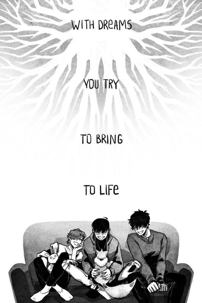 "With dreams you try to bring to life".
A white tree's silhouette hangs over an image of a couch with Yerim, Yoohyun and Yoojin with Peace sitting on it with bright smiles on their faces.