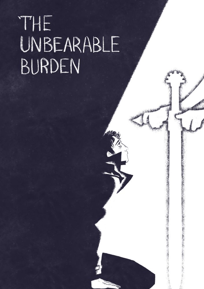 Digital comics for Omniscient reader's viewpoint done only in dark blue and white. First page is Yoo Joonghyuk on his knees, looking up at something, barely out of shade. In a ray of light in front of him two shining hands hold a shining white sword. The words above Yoo Joonghyuk say "The unbearable burden".