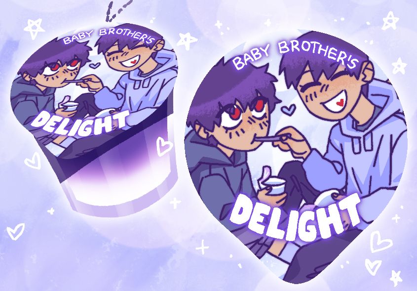 Digital fanart for S classes that i raised. It's a pudding key charm design titled "Baby brother's delight". 
On the top there are baby Han brothers. Yoojin is feeding Yoohyun pudding. He is wearing a sheep hoodie. Little Yoohyun looks at him with big bug eyes and is wearing a wolf hoodie.