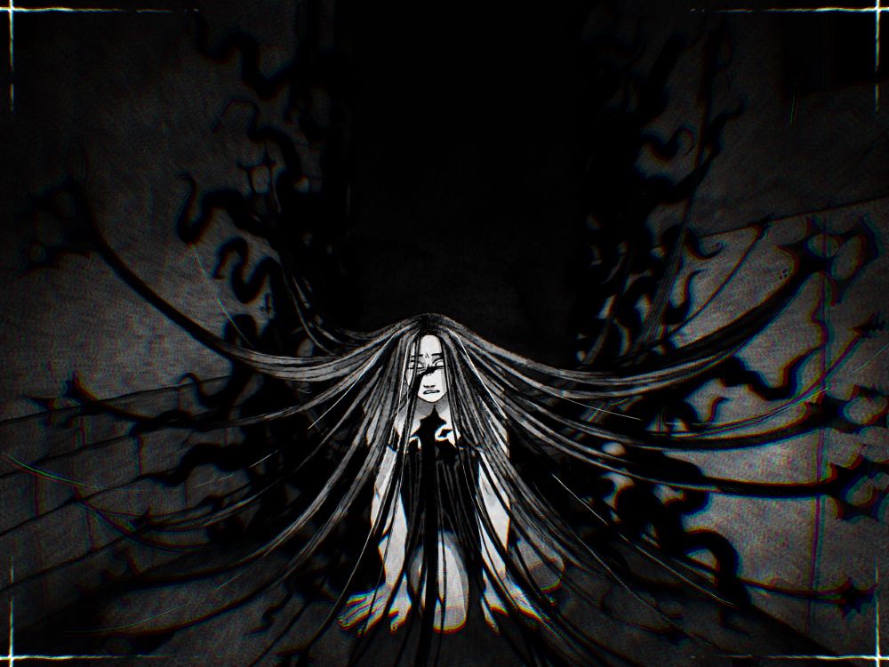 Digital black and white set of drawings stylised after a visual novel. 
The librarian is in the middle of an empty alleyway. She is on her knees, naked and panicked looking. Her long hair cling to the walls and the ground, mixing with black inky tendrils. Same tendrils partially cover her body, are tangled in her hair and cover part of her face where there is usually a scar.
Behind her there is a mass of pitch black tentacles covering the walls.