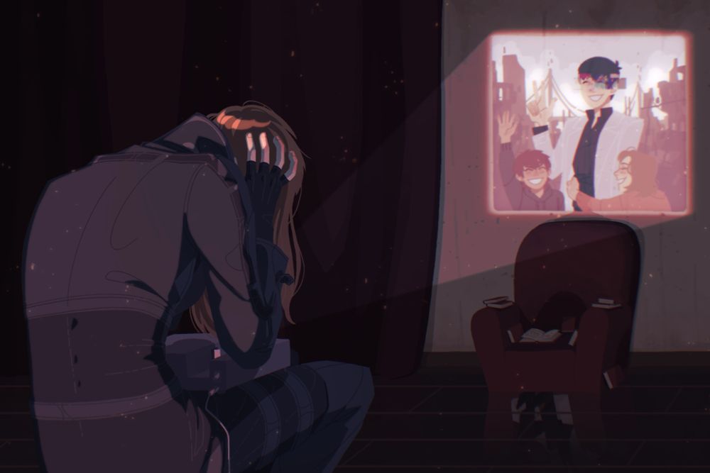 Digital illustration of Yoo Sangah with her back to the viewer in a dark room. She is sitting, clutching her head like she is in pain. On her knees sits a projector with a single photo card inserted. Its contents are visible on the wall opposite to Yoo Sangah: a photo of Kim Dokja, Shin Yoosung and Lee Gilyoung. All three of them are smiling at the camera, with Kim Dokja's face glitching slightly. In front of the wall, under the light of projector there's a red chair with books on the seat, on armrests and on the floor near the chair. Books are not visible in the reflection on the floor though, instead there's a pair of legs in black pants and bits of white cloak visible.