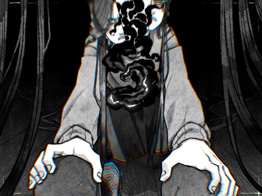 Digital black and white set of drawings stylised after a visual novel. 
The visitor, whose pov is presented, and the librarian are on the floor, with visitor seemingly crawling back from librarian, facing her. Librarian is leaning forward, using his knees to keep herself up. Her head is split apart with black tendrils crawling out from the shining insides. Some of her hair frame the view, seemingly descending on both sides of visitor.
The lone tendril is closing in, serving as the sole focus.