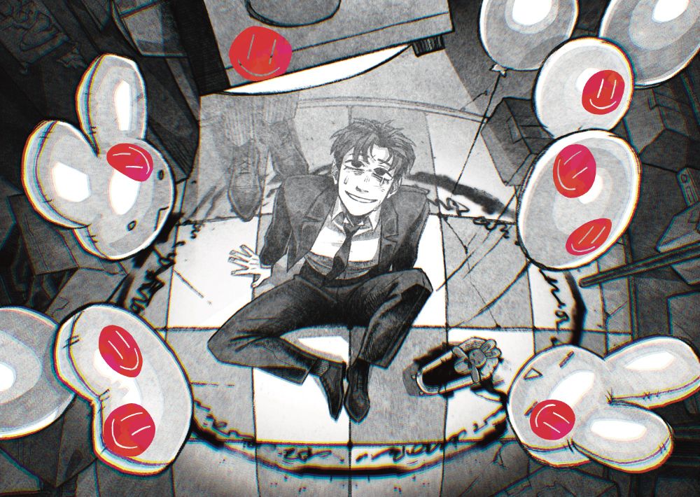 Digital fanart for Got dropped into a ghost story still gotta work. It's a black and white art of Kim Soleum sitting on a tiled floor in a storeroom. He is sitting at the center of a summoning circle drawn with something with the rejuvenation bath next to him. Bunny plush is sitting in the bath and a pool of the same black. Behind Kim Soleum, who is looking up with relief, is Braun in his TV host form, looming over him with his boots smudging the summoning circle. Around them there are party balloons rising up, a few of them in a shape of a bunny and one heart shaped. All the balloons and Braun's TV head have red smiley stickers plastered over them.