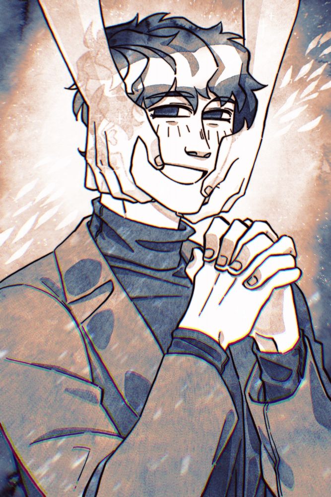 Digital fanart for S classes that i raised. It's a portrait of Han Yoohyun with his hands clasped in front of him as if in a prayer. It's done in bluish colors with warm orange glow.
Han Yoohyun is smiling bright, the way he'd only smile next to his hyung. A pair of half-translucent hands descend from above, gently holding his face. Behind him there are willow leaves floating.