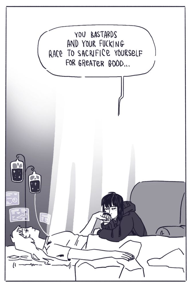 Frame moves further away, Yoo Sangah's tired face visible. Han Sooyoung is kissing her hand: "You bastards and your fucking race to sacrifice yourself for greater good..."