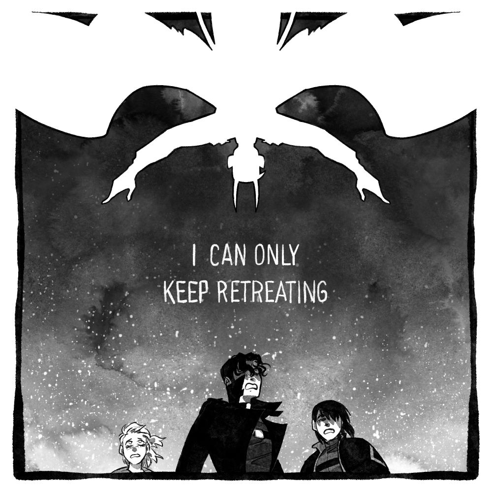 "I can only keep retreating".
Kim Dokja is back to beeing an indent in the frame, but now clearly as a Demon king of salvation. He sits at the top of the frame, looming over his companions with a theatrically spread arms and wings. At the bottom of the art are devastated Yoo Joonghyuk, Han Sooyoung and Shin Yoosung.