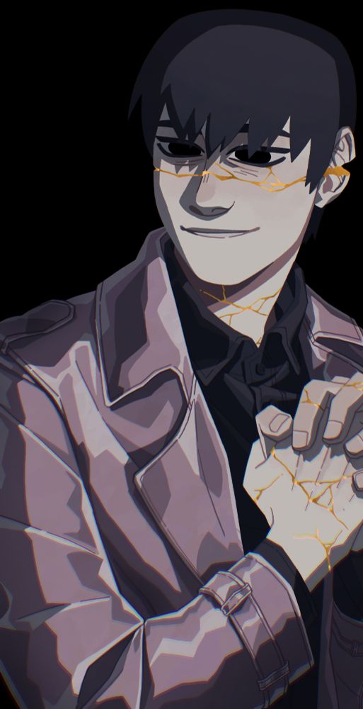 The same art as the previous one, with the only difference being the lack of stone hands and the star. Kim Dokja's face is visible, yet an emotion on it is unclear. He is smiling, looking somewhere off the screen. His eyes do not shone, and a golden crack runs horizontally across his face.