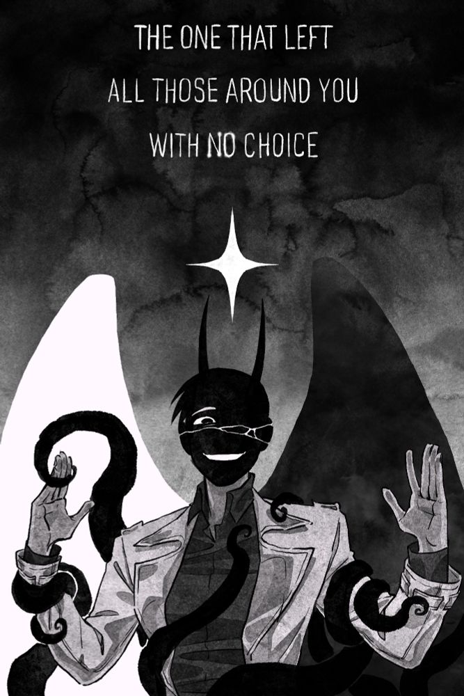 "The one that left all those around you with no choice"
A similar composition of Kim Dokja looking at the viewer as an Enemy of the story. He seems joyful and excited, his hands wide in a theatrical gesture, but his bones broken by the snaking up outer god's appendages.