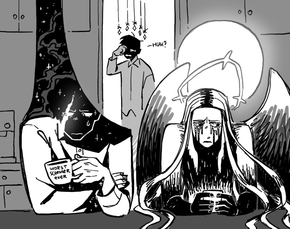 Simple digital fanart for Omniscient reader's viewpoint. Secretive Plotter and 999 Uriel are sitting in a kitchen awkwardly, both with their respective cups. Plotter's cup reads "Worst schemer ever". Behind them in the corridor is Oldest Dream, half asleep and confused.