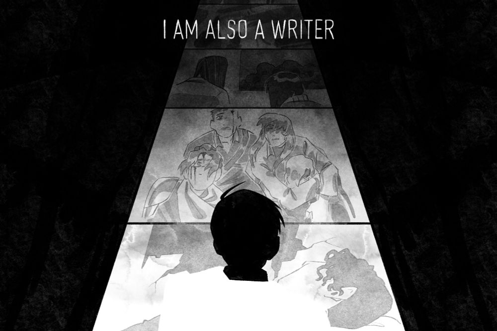"I'm also a writer"
A shot of Kim Dokja from the back. He is standing on a path made out of screens-tiles, each depicting a scene. Closest to him are a scene of his companions calling out to him and a scene of unconcious Yoo Joonghyuk sleeping somewhere. Further aways, disappearing in the dark, are two female silhouettes, possibly Lee Sookyung and Han Sooyoung back on Earth.