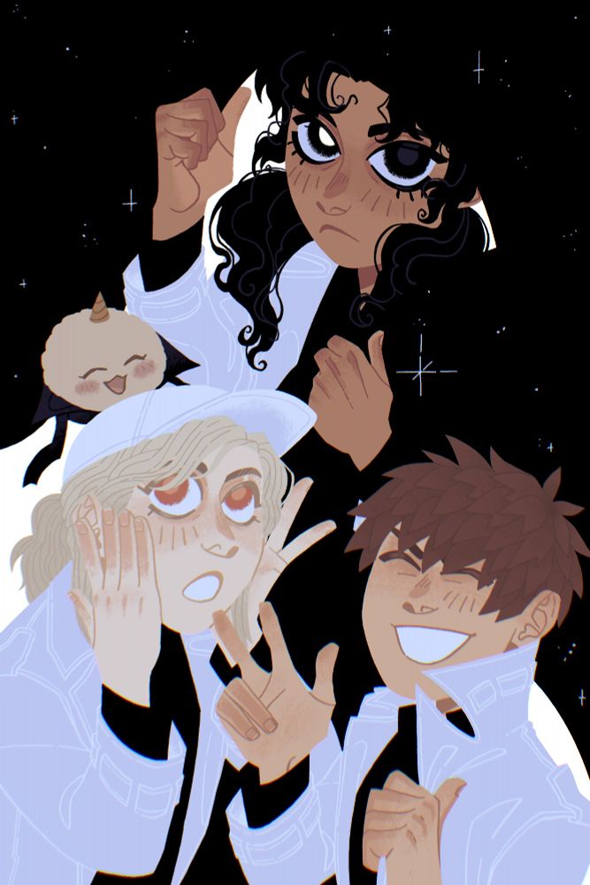 A digital fanart for Omniscient reader's viewpoint. It depicts Yoo Mia, Shin Yoosung, Lee Gilyoung and Biyoo cosplaying as Secretive Plotter, Han Sooyoung from 1863 turn, Kim Dokja and Yoo Sangah respectively. Yoo Mia is covering her head with space as if it is a cloak, Shin Yoosung is holding palms to her cheeks with big eyed shocked expression, Lee Gilyoung keeps his coat's lapels up to make himself look cooler, and Biyoo has a tiny black jacket with a few belts hanging. They all look happy.