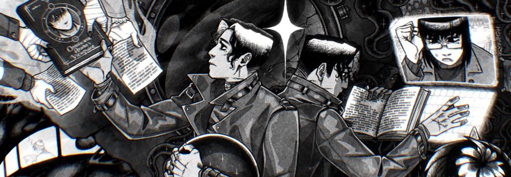 A digital black and white fanart for Omniscient reader's viewpoint. It's a thin horizontal piece showing Yoo Joonghyuk receiving a printed english edition of Omniscient reader's viewpoint from Han Sooyoung's hands, who remains beyond the edge of the frame. Several hands of other companions also reaching towards him from beyond the edge with pages filled with text. Yoo Joonghyuk is taking them with a tired, sad expression, hugging an astronaut helmet close. Back to his back is another Yoo Joonghyuk, now reading the novel with his hand hovering over a keyboard. In front of him is a StarStream screen connected to Han Sooyoung, who is seemingly chastising him. There are several companions trying to look into their screen from behind her. Next to that Yoo Joonghyuk is Biyoo in her human form, watching him. 
In the background there is an Ark window showing Outer gods that is blending into a giant pocket watch. The walls of the Ark are half destroyed, covered in Outer gods' tendrils on one side with Secretive Plotter looking in on the right and a far away image of Kim Dokja's train passing by, him reading his own copy inside.