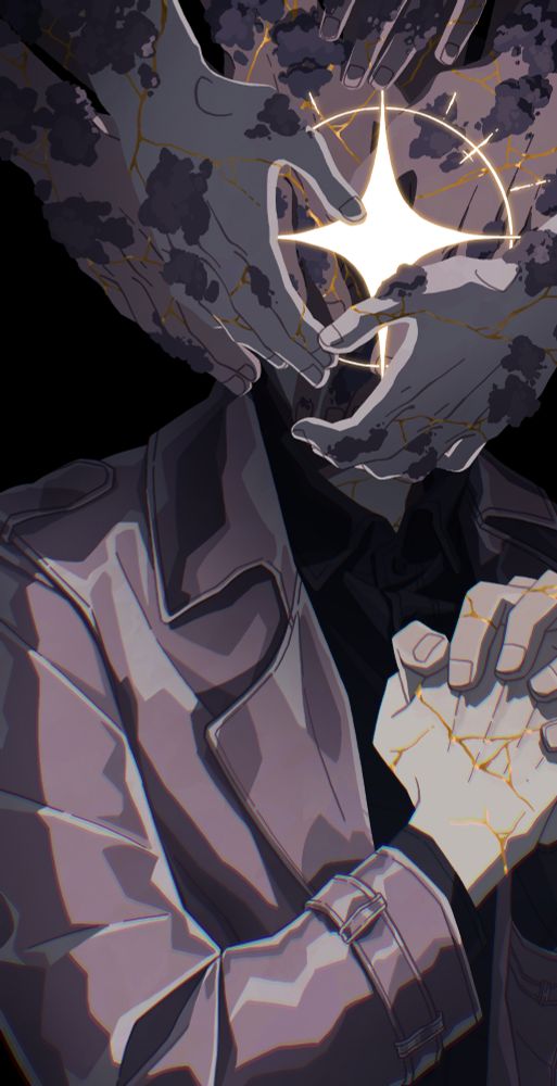 A digital fanart for Omniscient reader's viewpoint. It's a portrait of Kim Dokja on a black background in dull colors. He is standing in his white coat with his hands folded in a prayer. His head is completely obscured by several stone hands descending from above, all gentle, careful, covered in moss. They all surround protectively a single white star that shines where Kim Dokja's eye would be. Both the hands and Kim Dokja's skin are covered in golden cracks.