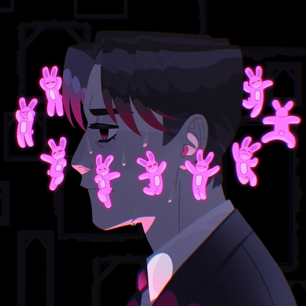 Digital fanart for Got dropped into a ghost story still gotta work. It's a portrait of Kim Soleum with his side to the viewer. He is looking ahead of himself, sweating bullets, illuminated from below with bright pink light. Around his head there are many bright pink rabbits - Brauns - dancing in a circle.
In the background, barely visible there are many empty portraits, all belonging to someone deceased yet unpictured.